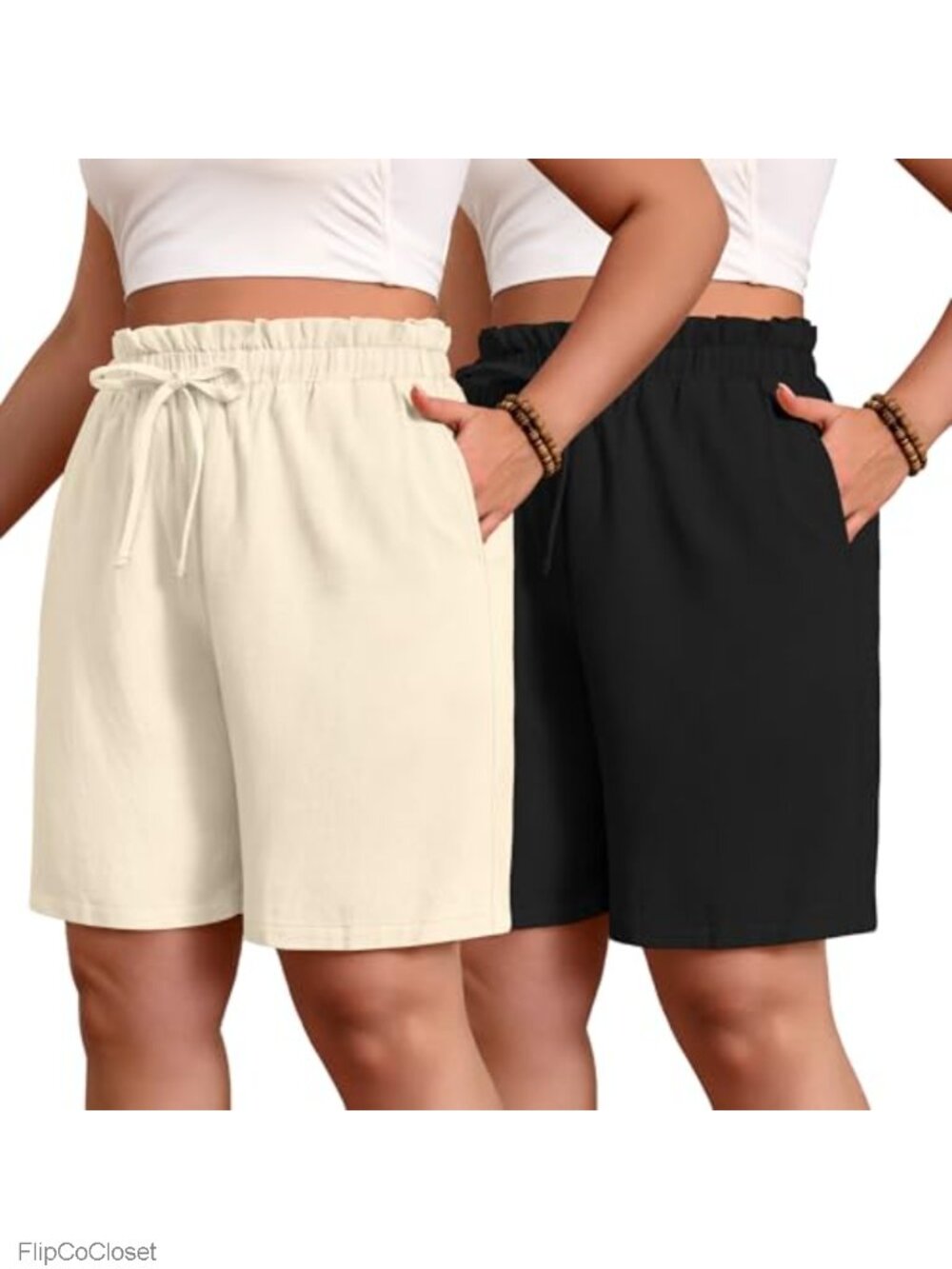 Plus Size Linen Bermuda Shorts with Pockets - High Rise Casual Drawstring